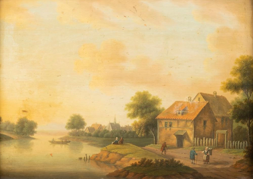 Johann Christian Vollerdt - 105, Paesaggio fluviale con castello e barche, attribuito